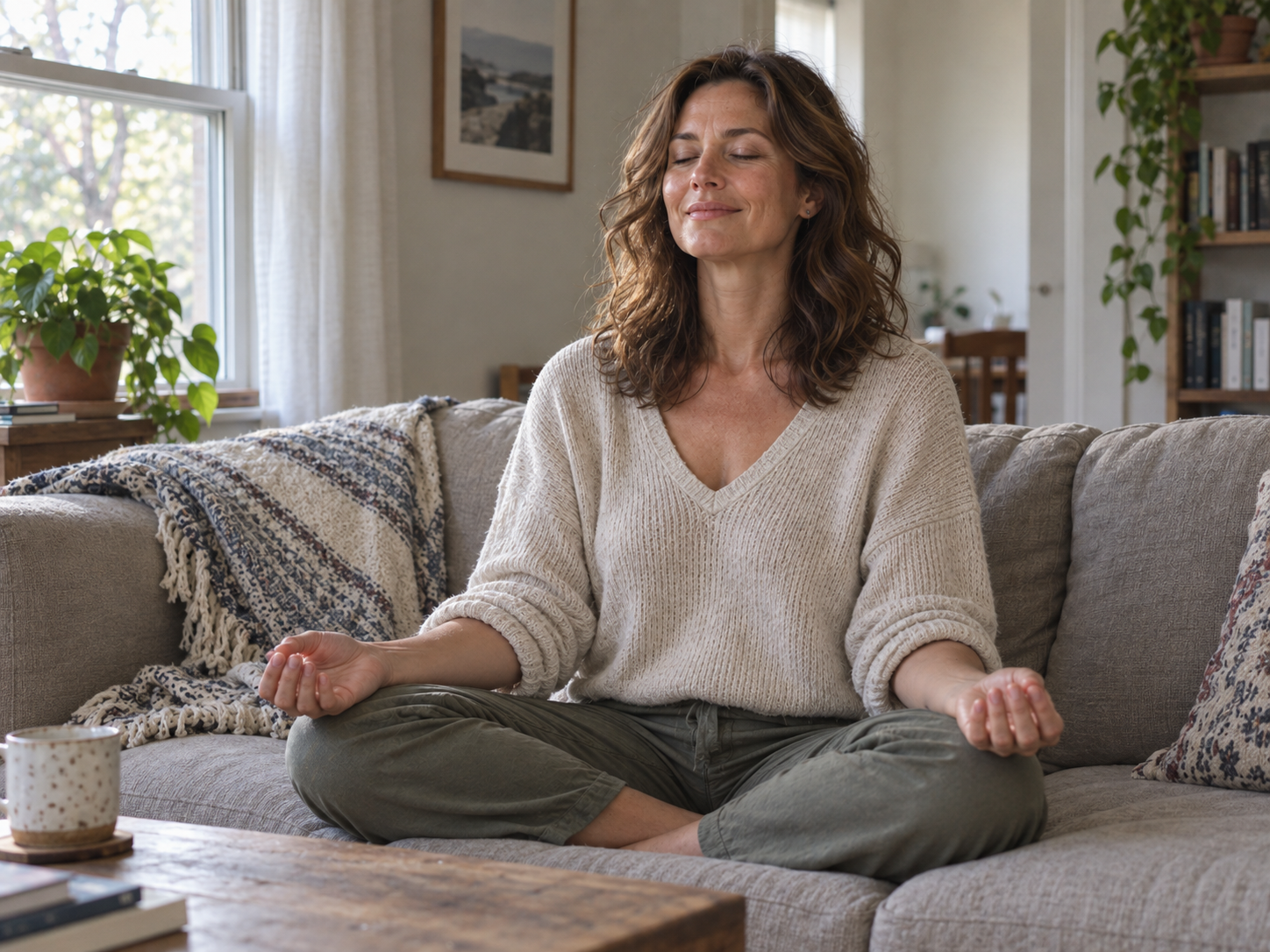 A woman meditating peacefully on her sofa at home during a remote Pranic Healing session
